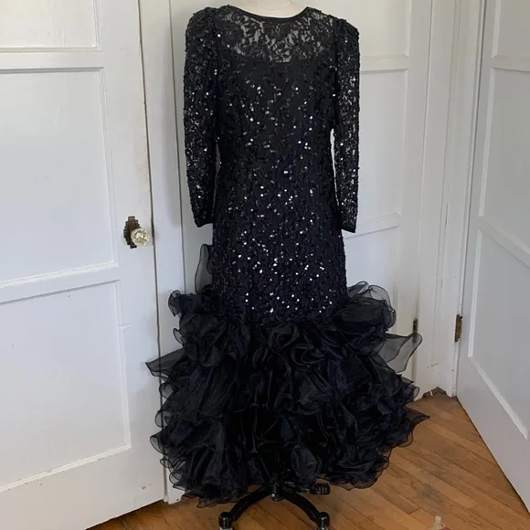 Vintage | Dresses | Vtg 8s Formal Black Sequin Ruffles Mermaid Style Fits  Size 8 | Poshmark